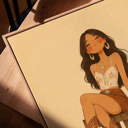 Cowgirl resting on a stool in a fringed skirt and boots with hat on floor, canvas print in a warm, minimally styled interior