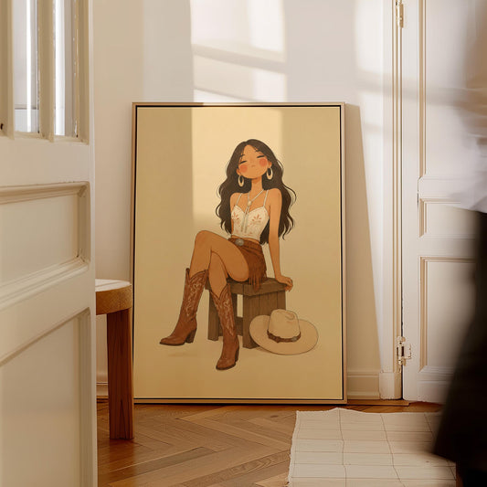 Cowgirl resting on a stool in a fringed skirt and boots with hat on floor, canvas print hanging in a calm, modern living space