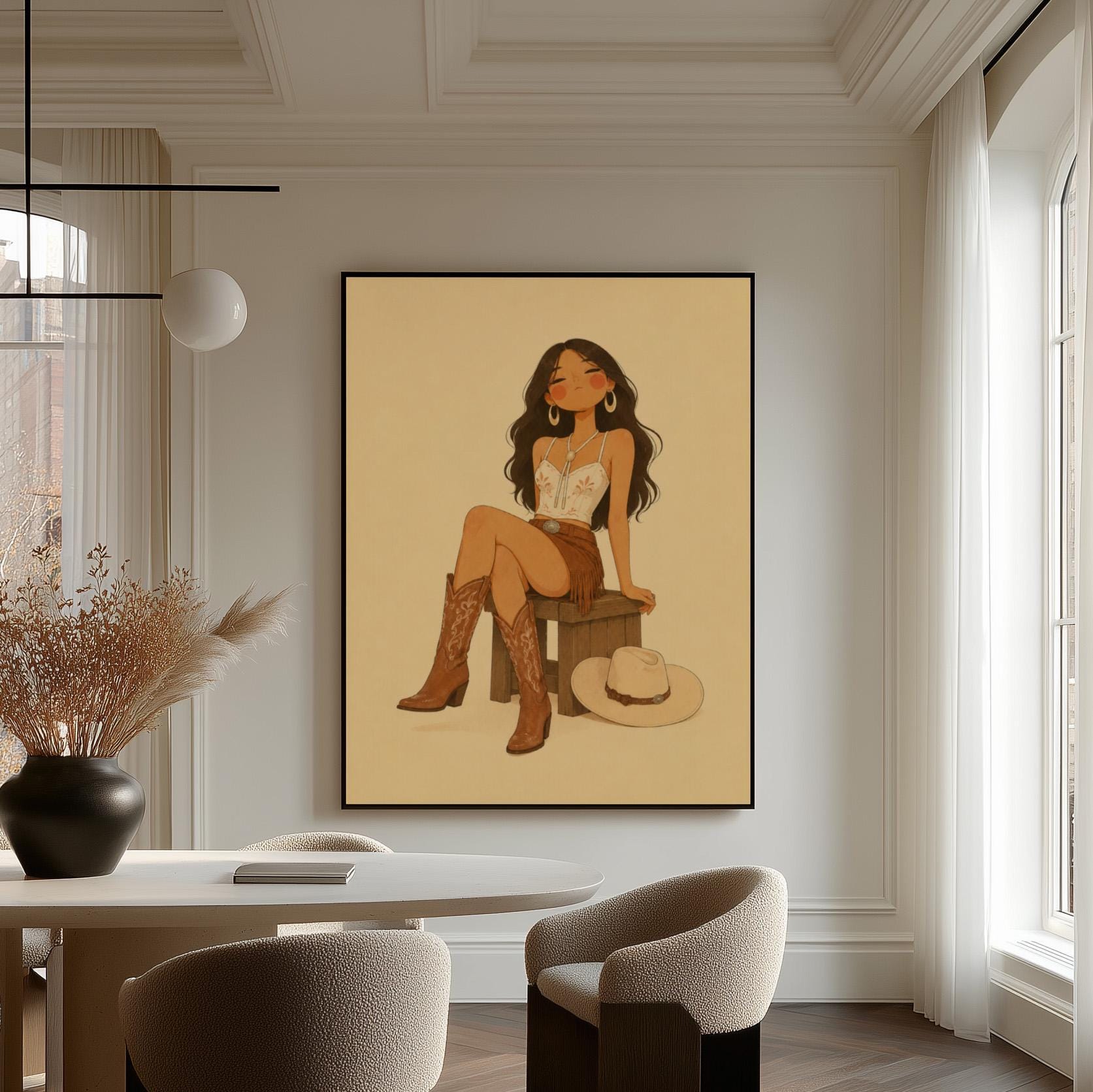Cowgirl resting on a stool in a fringed skirt and boots with hat on floor, canvas print on a quiet wall in a considered interior