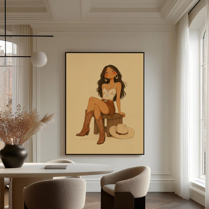 Cowgirl resting on a stool in a fringed skirt and boots with hat on floor, canvas print on a quiet wall in a considered interior