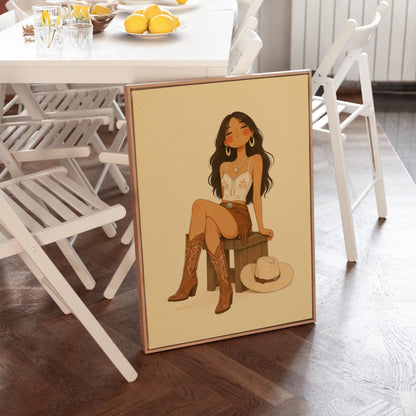 Cowgirl resting on a stool in a fringed skirt and boots with hat on floor, canvas wall art styled against a soft white wall