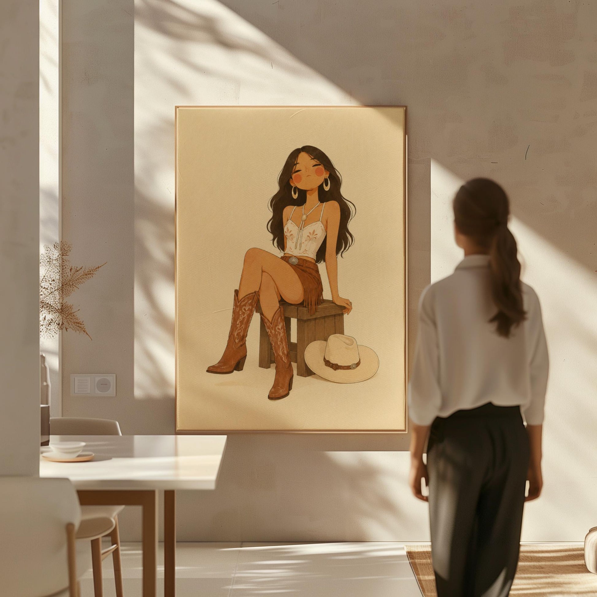 Cowgirl resting on a stool in a fringed skirt and boots with hat on floor, canvas wall art presented in a light, minimal room