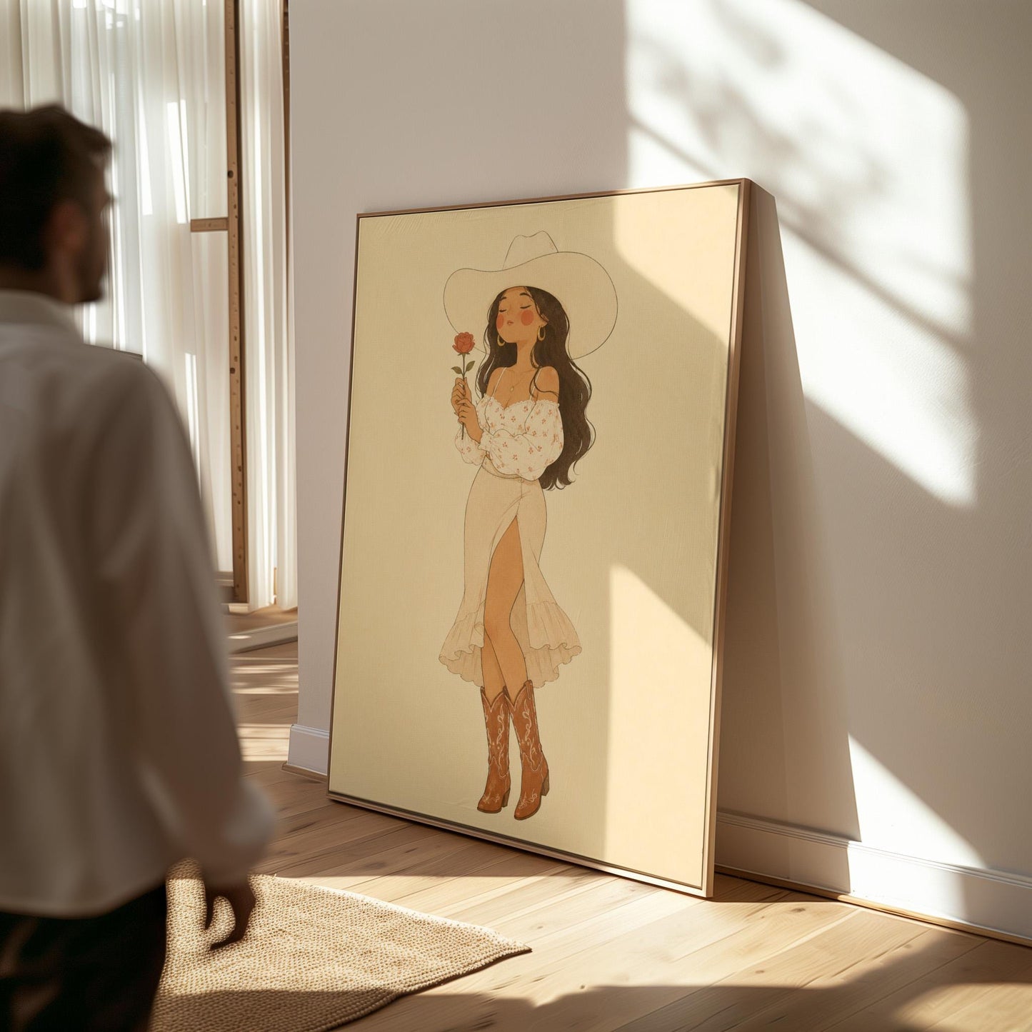 Cowgirl in white dress holding a red rose under a wide hat, canvas print on a quiet wall in a considered interior