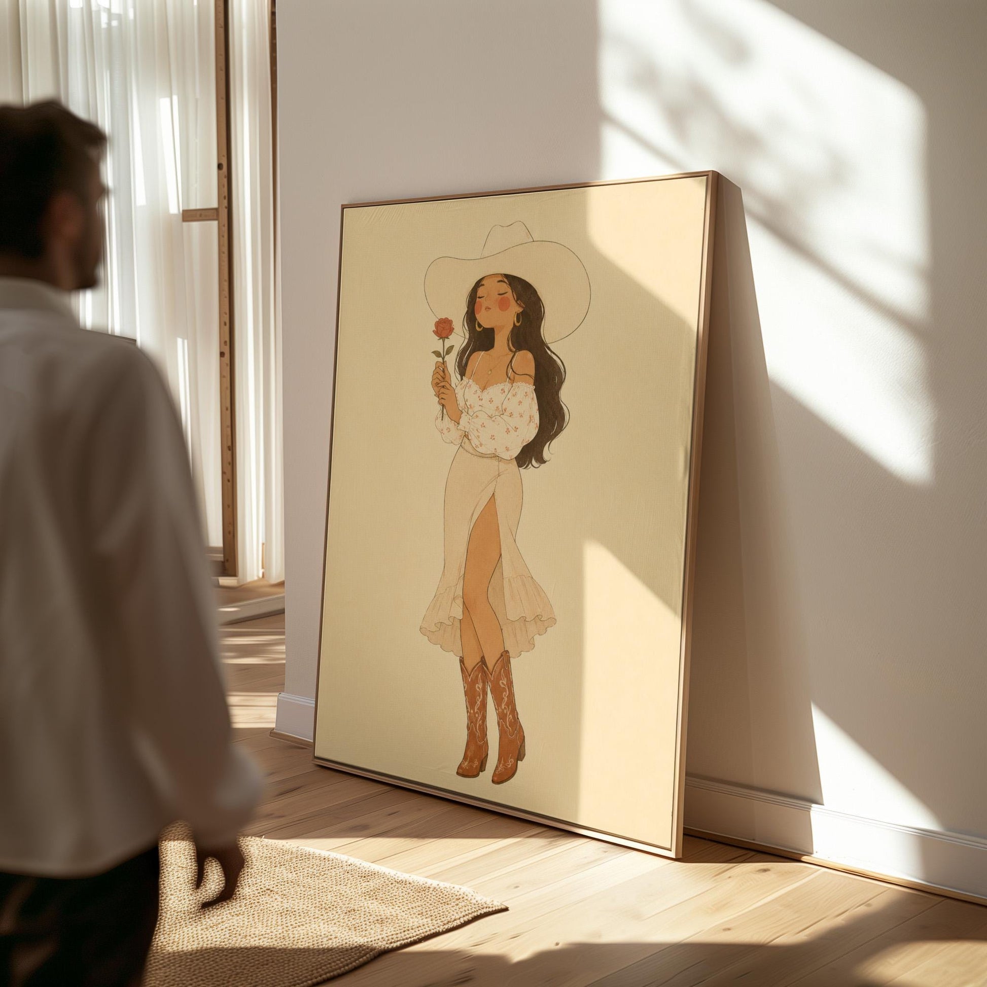 Cowgirl in white dress holding a red rose under a wide hat, canvas print on a quiet wall in a considered interior