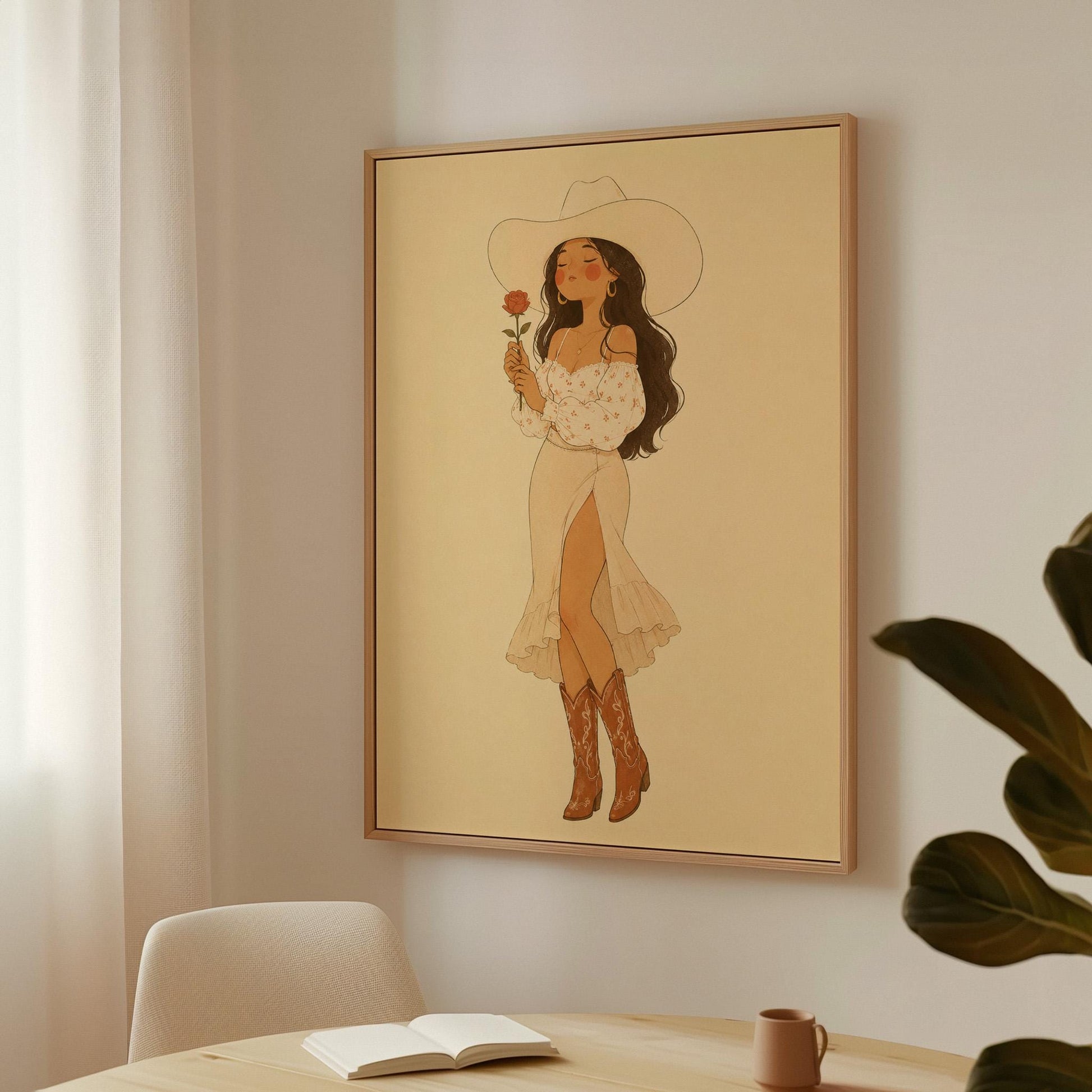 Cowgirl in white dress holding a red rose under a wide hat, canvas wall art hanging in a calm, modern living space