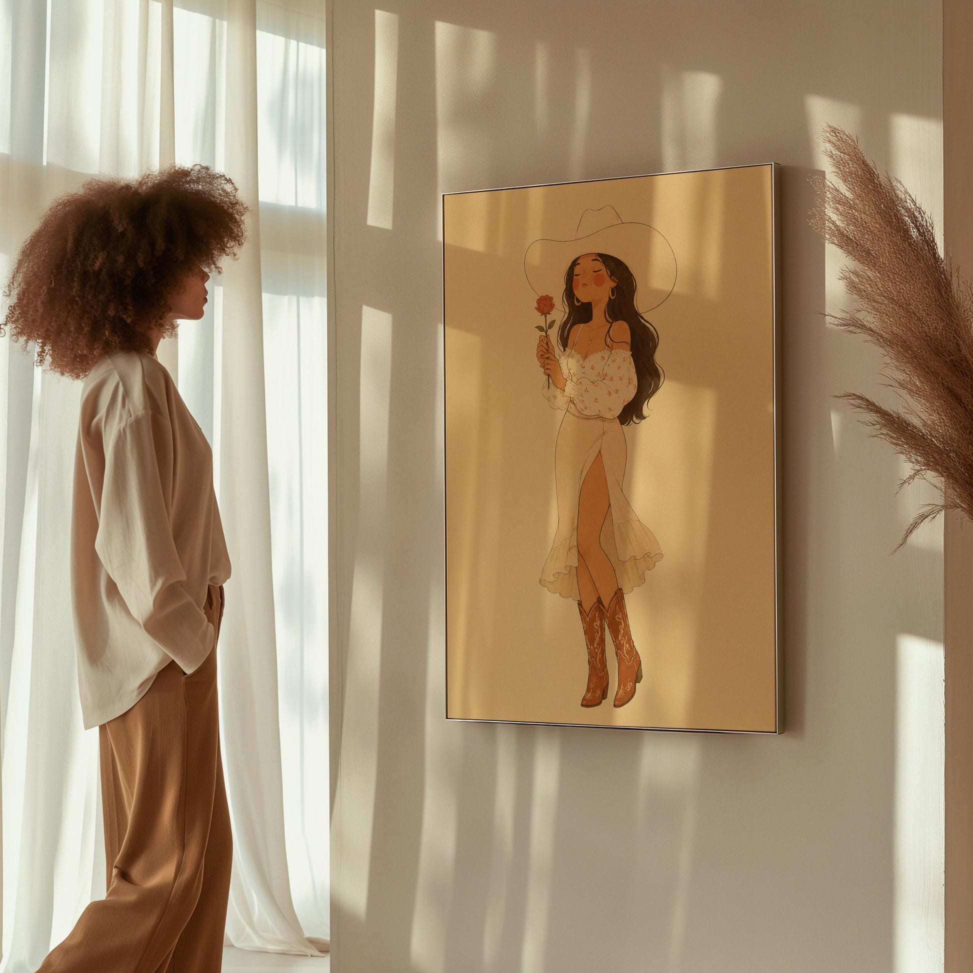 Cowgirl in white dress holding a red rose under a wide hat, canvas wall art styled against a soft white wall