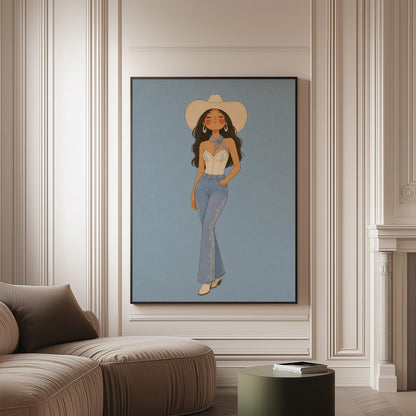 Cowgirl in flare jeans and white top against a dusty blue field, canvas print on a softly lit wall in a calm interior