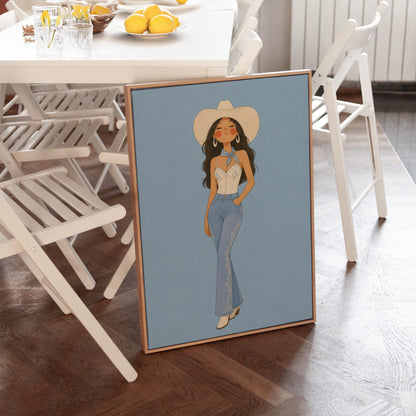 Cowgirl in flare jeans and white top against a dusty blue field, canvas print on a quiet wall in a considered interior