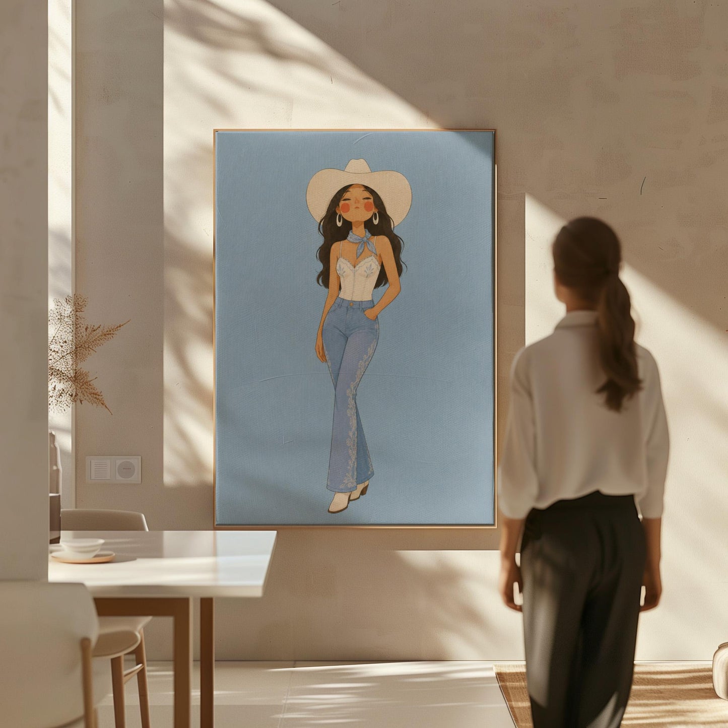 Cowgirl in flare jeans and white top against a dusty blue field, canvas print shown in a sunlit, contemporary room