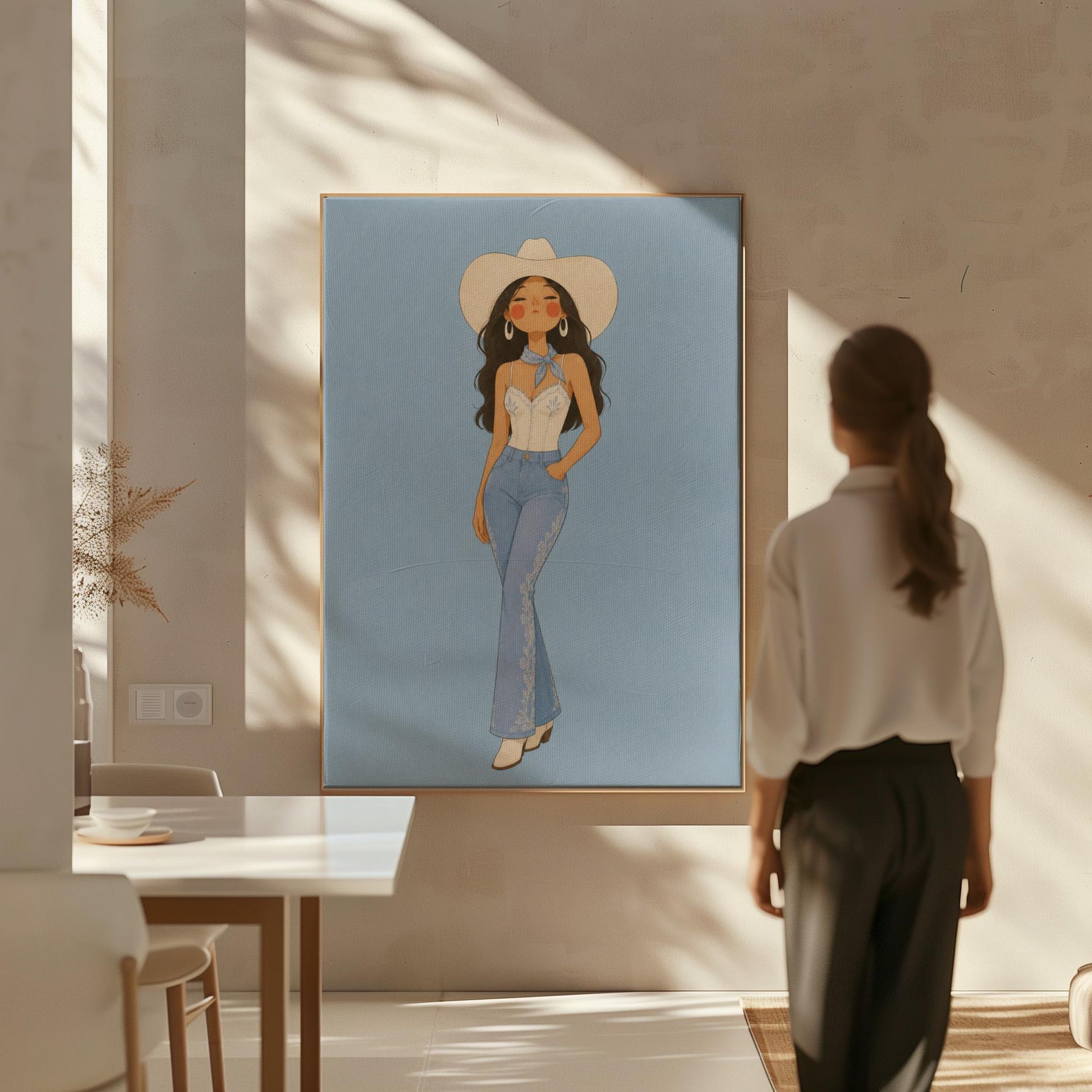 Cowgirl in flare jeans and white top against a dusty blue field, canvas print shown in a sunlit, contemporary room