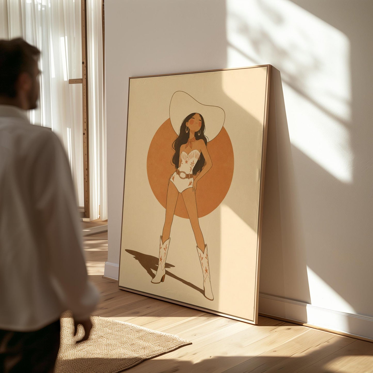 Cowgirl in a white star bodysuit against a large burnt orange sun disc, canvas print displayed on a neutral wall in a styled interior