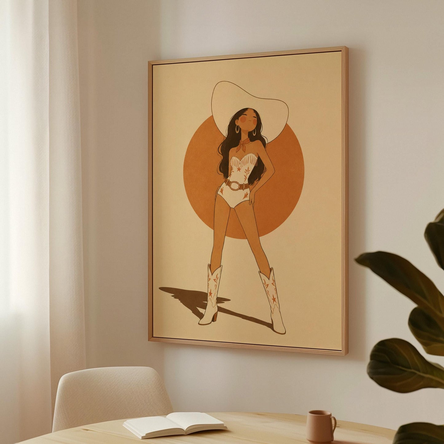 Cowgirl in a white star bodysuit against a large burnt orange sun disc, canvas wall art hanging in a calm, modern living space