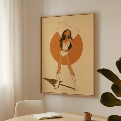 Cowgirl in a white star bodysuit against a large burnt orange sun disc, canvas wall art hanging in a calm, modern living space