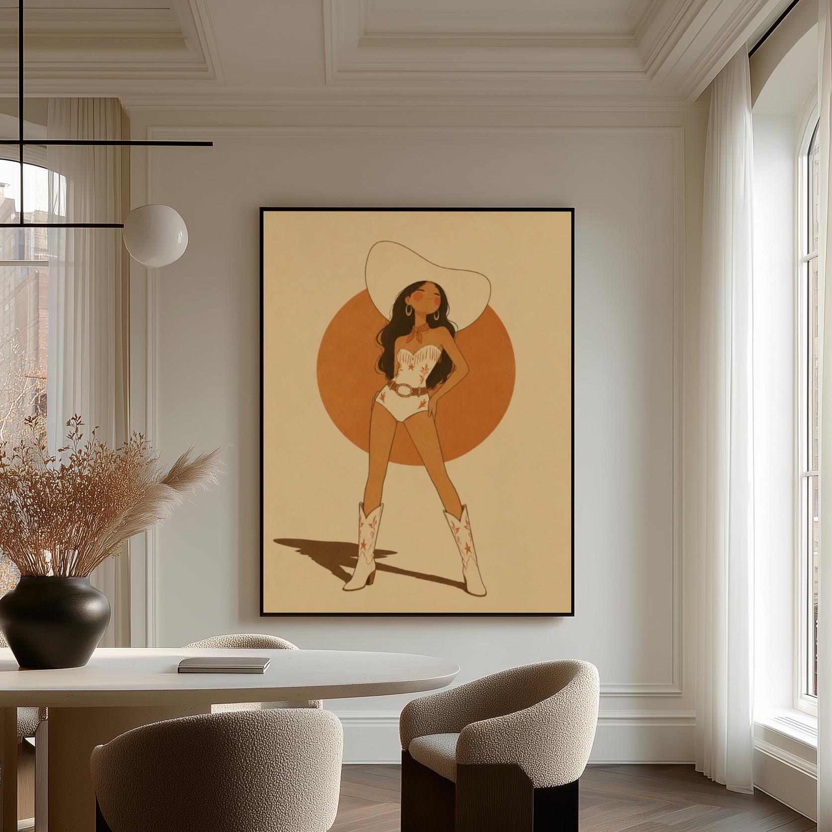 Cowgirl in a white star bodysuit against a large burnt orange sun disc, canvas wall art styled against a soft white wall