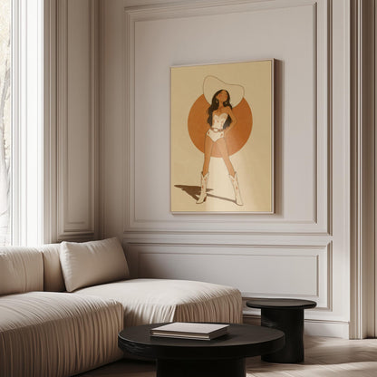 Cowgirl in a white star bodysuit against a large burnt orange sun disc, canvas wall art on a quiet wall in a considered interior