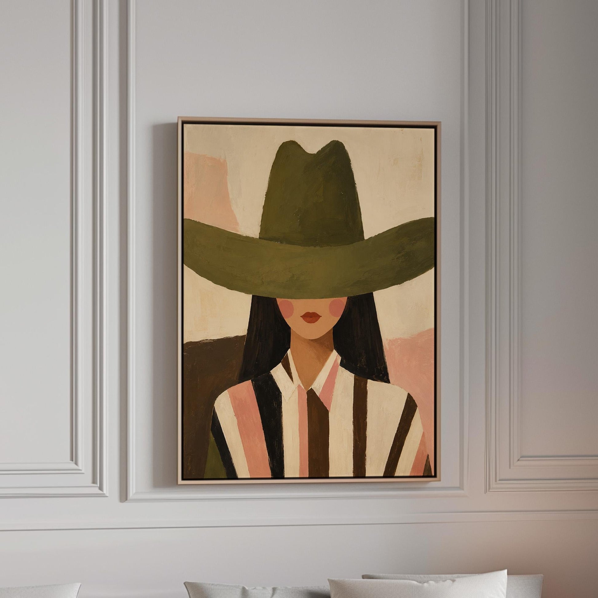 Faceless cowgirl portrait under a broad olive green hat, canvas print in a bright room with natural daylight