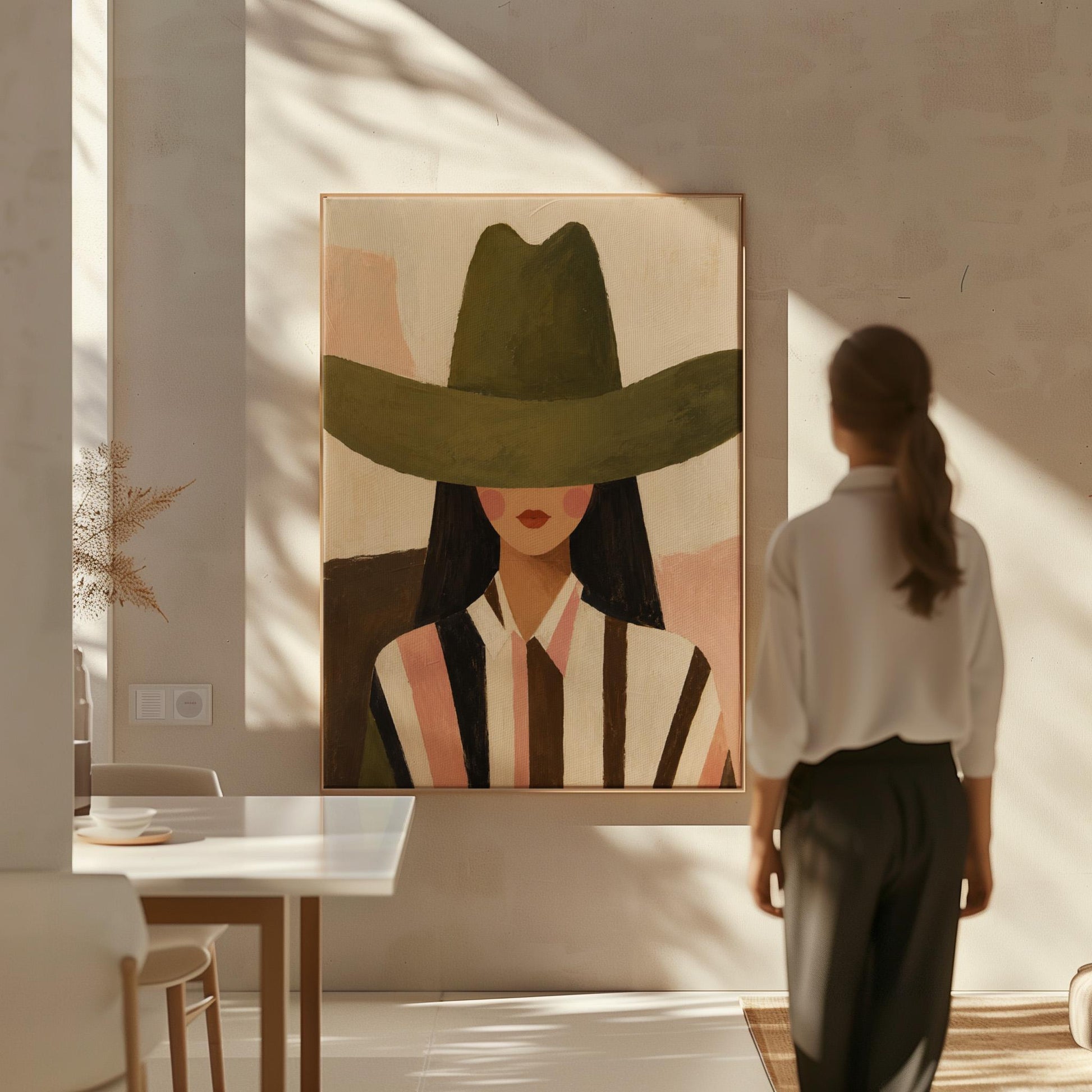 Faceless cowgirl portrait under a broad olive green hat, canvas print presented in a light, minimal room