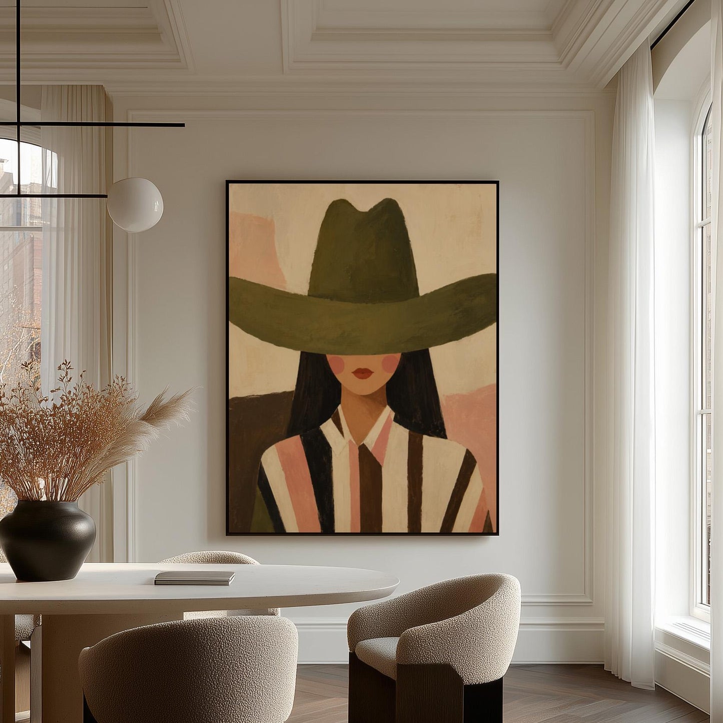 Faceless cowgirl portrait under a broad olive green hat, canvas print displayed on a neutral wall in a styled interior