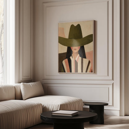 Faceless cowgirl portrait under a broad olive green hat, canvas wall art hanging in a calm, modern living space