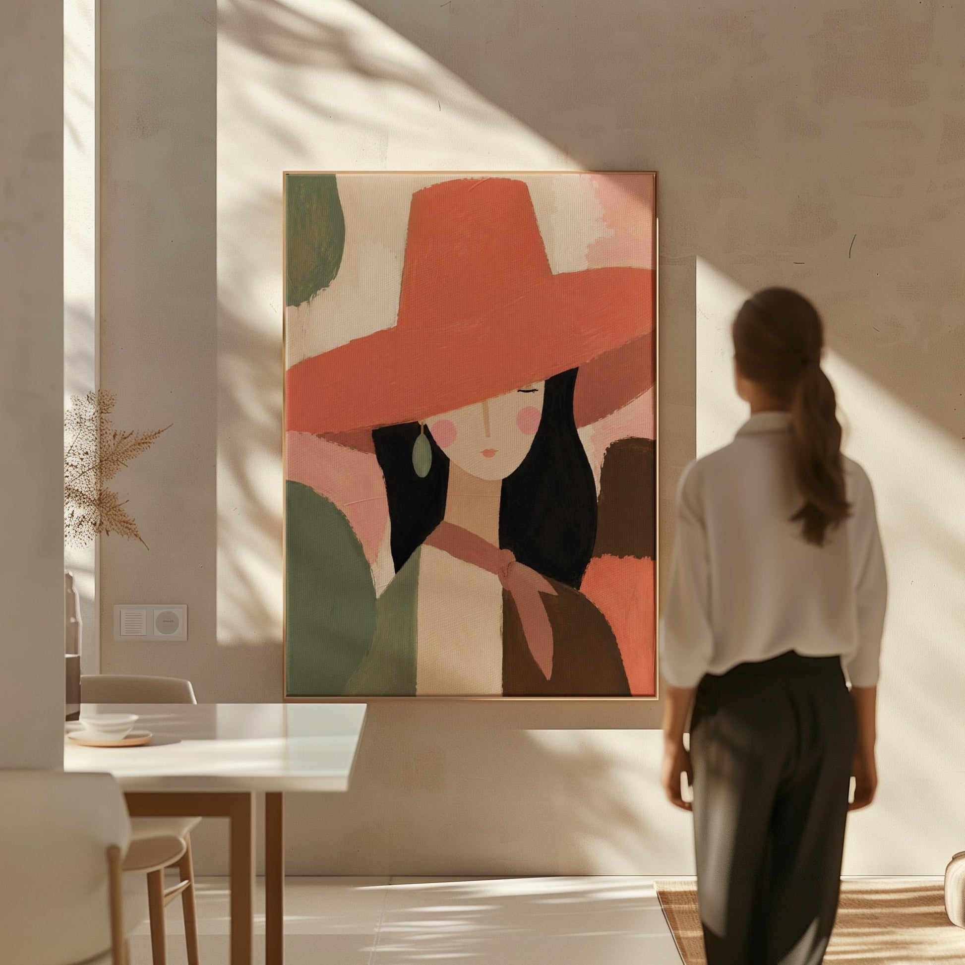 Woman in a wide coral hat with jade earring on blocked color, canvas print shown to scale in a furnished room