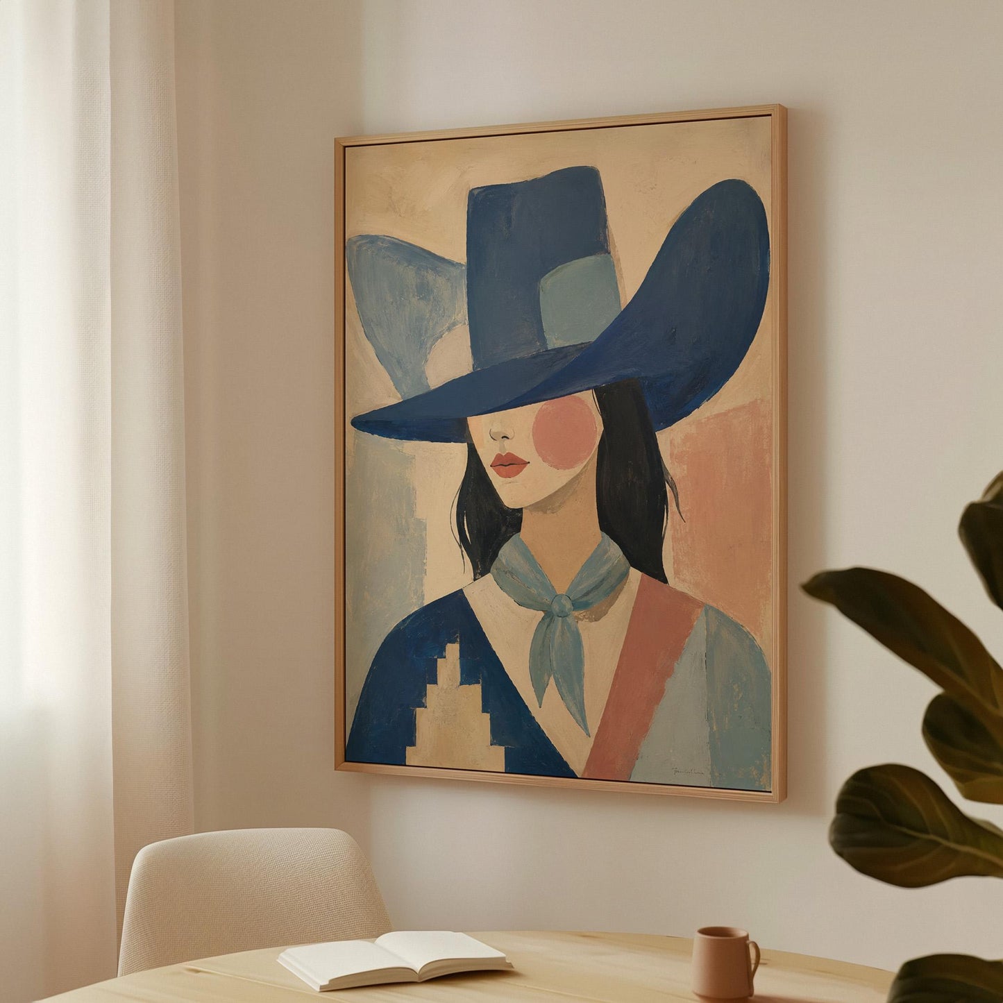 Cowgirl in a deep blue hat and pale scarf on a soft abstract ground, canvas print hanging in a calm, modern living space