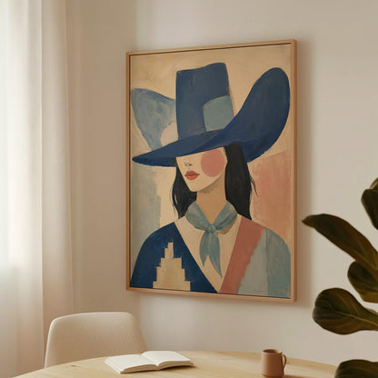 Cowgirl in a deep blue hat and pale scarf on a soft abstract ground, canvas print hanging in a calm, modern living space
