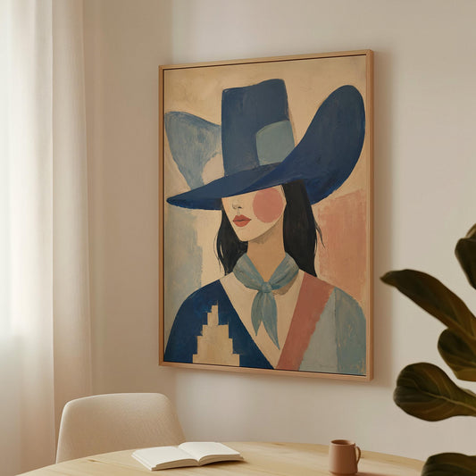 Cowgirl in a deep blue hat and pale scarf on a soft abstract ground, canvas print hanging in a calm, modern living space