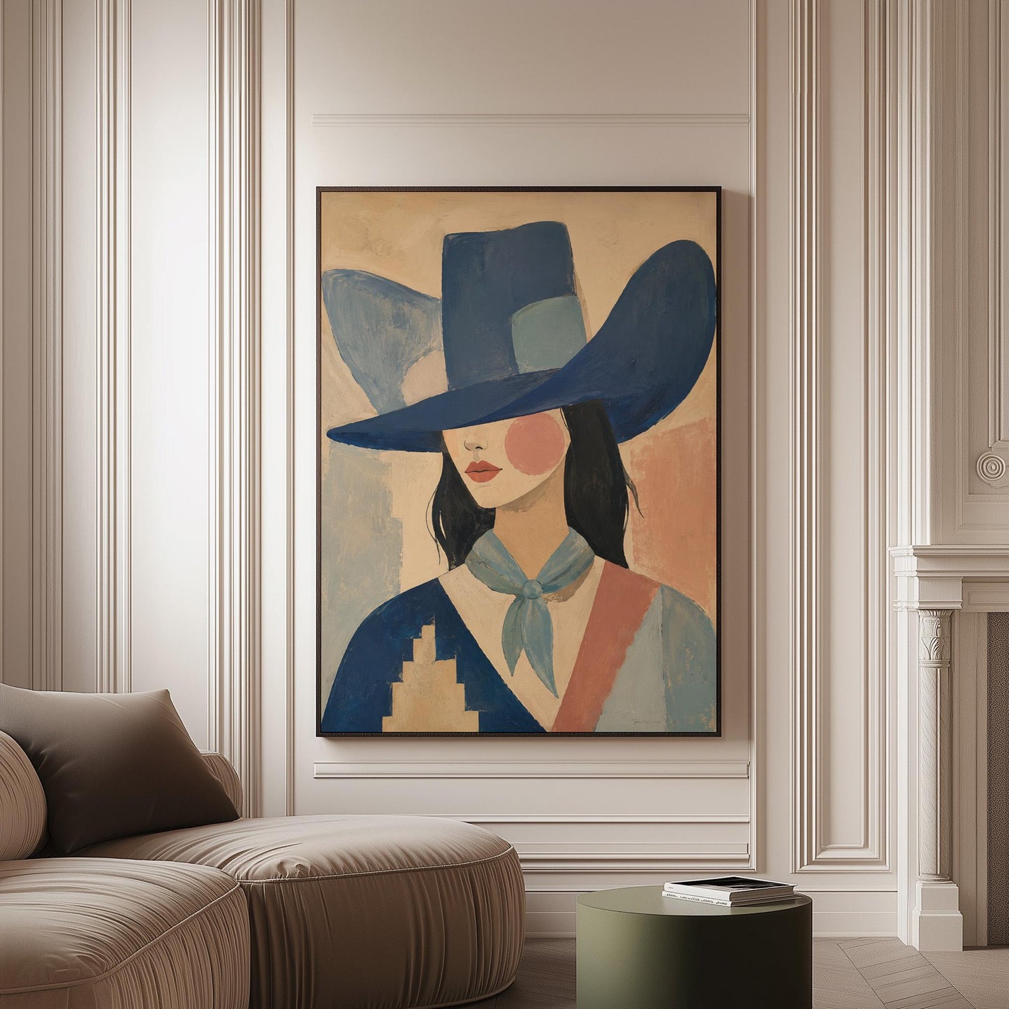 Cowgirl in a deep blue hat and pale scarf on a soft abstract ground, canvas print on a softly lit wall in a calm interior