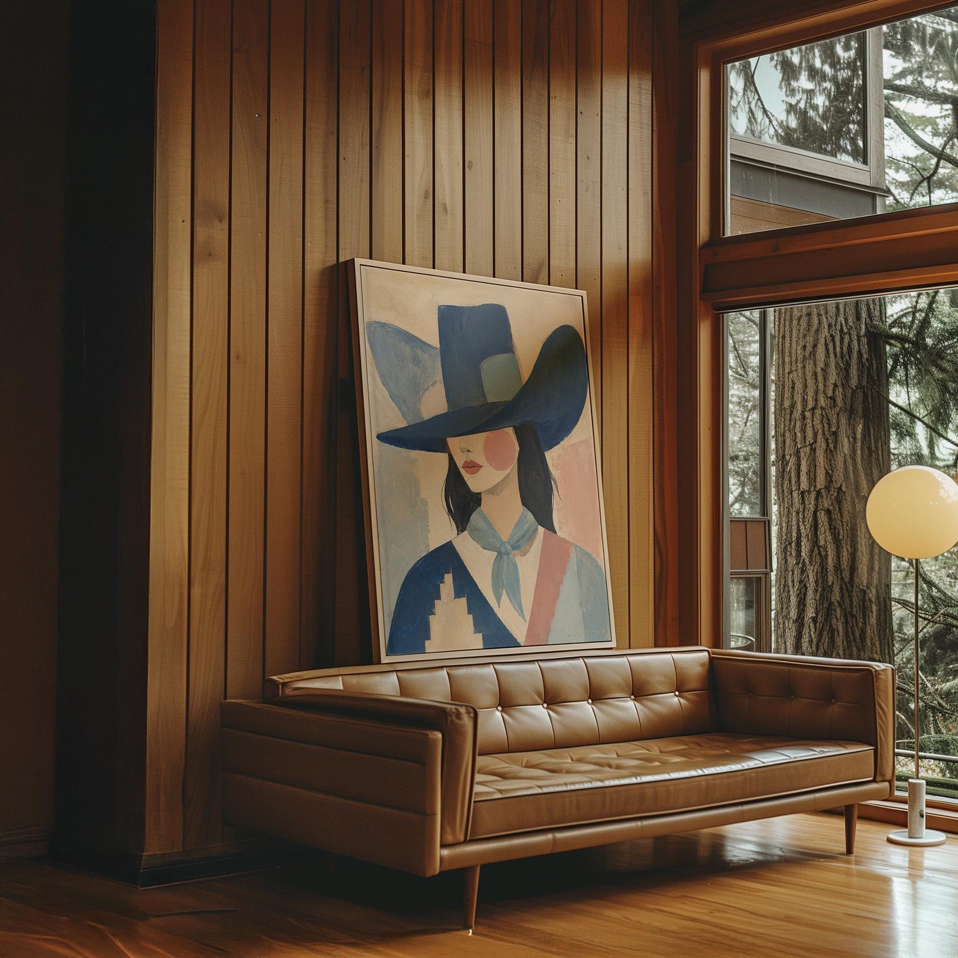 Cowgirl in a deep blue hat and pale scarf on a soft abstract ground, canvas print shown to scale in a furnished room