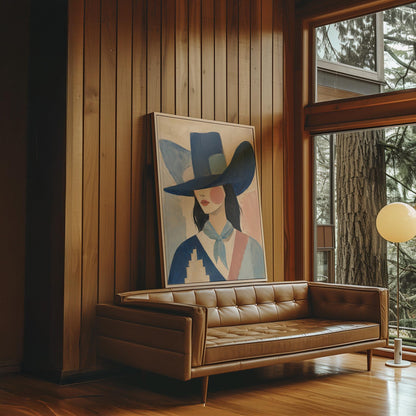Cowgirl in a deep blue hat and pale scarf on a soft abstract ground, canvas print shown to scale in a furnished room
