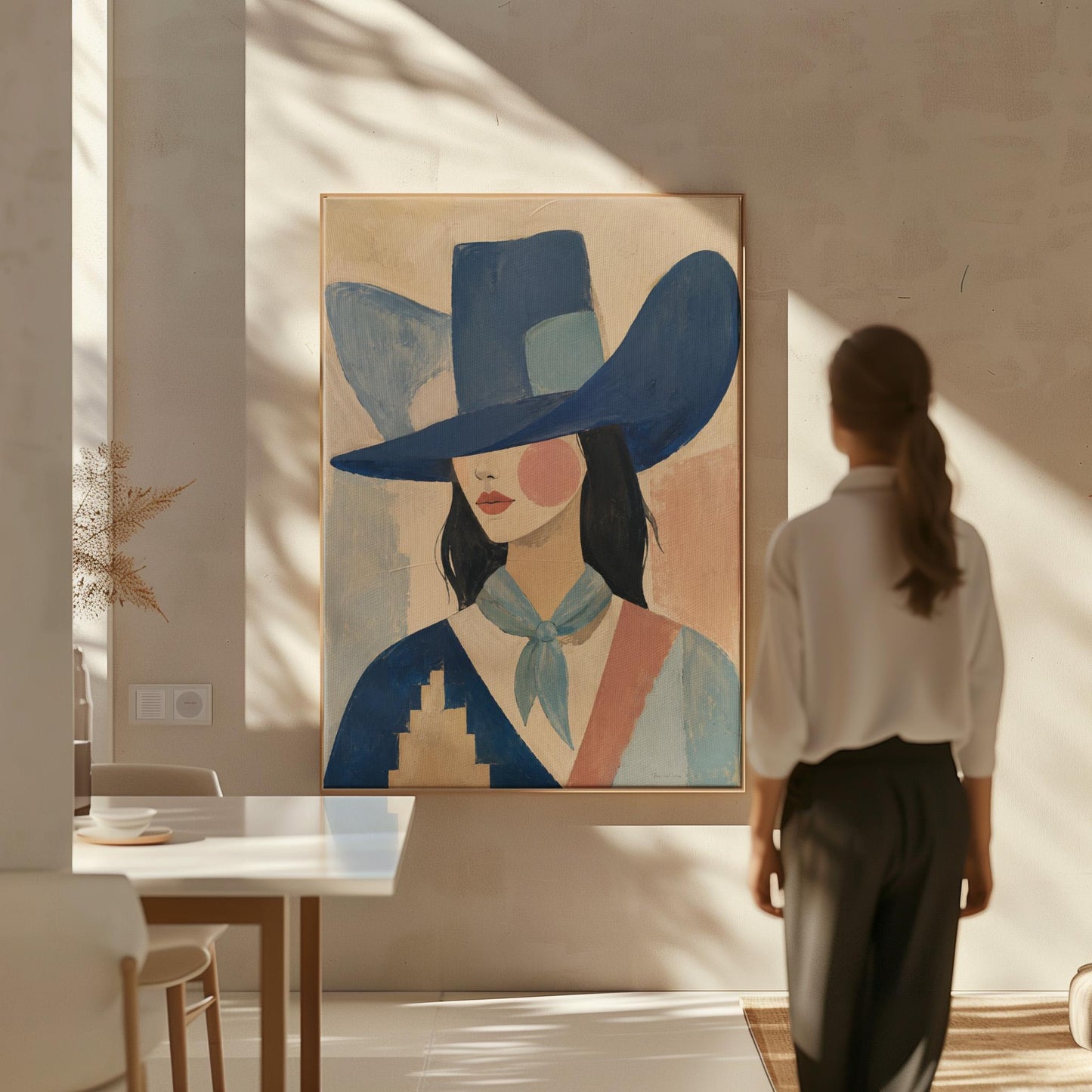 Cowgirl in a deep blue hat and pale scarf on a soft abstract ground, canvas wall art styled against a soft white wall