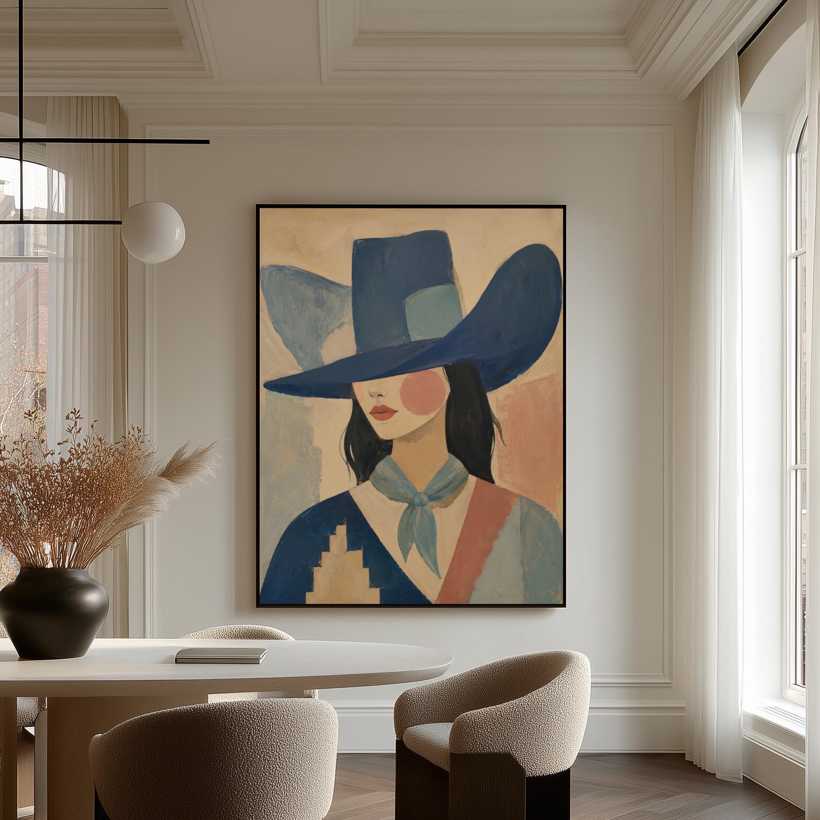 Cowgirl in a deep blue hat and pale scarf on a soft abstract ground, canvas wall art seen in a warm interior with natural light