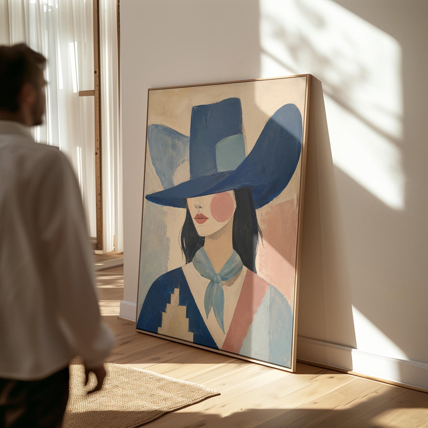 Cowgirl in a deep blue hat and pale scarf on a soft abstract ground, canvas wall art presented in a light, minimal room