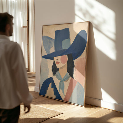 Cowgirl in a deep blue hat and pale scarf on a soft abstract ground, canvas wall art presented in a light, minimal room