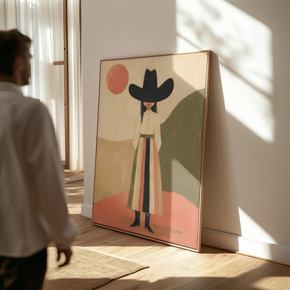 Figure in black cowboy hat standing between coral desert hills, canvas print hanging in a calm, modern living space