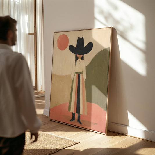 Figure in black cowboy hat standing between coral desert hills, canvas print hanging in a calm, modern living space