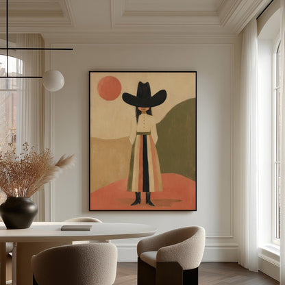 Figure in black cowboy hat standing between coral desert hills, canvas print seen in a warm interior with natural light