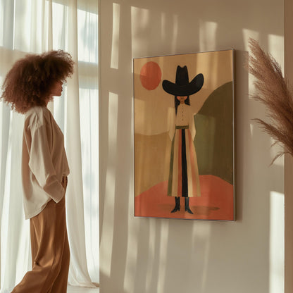 Figure in black cowboy hat standing between coral desert hills, canvas print on a quiet wall in a considered interior