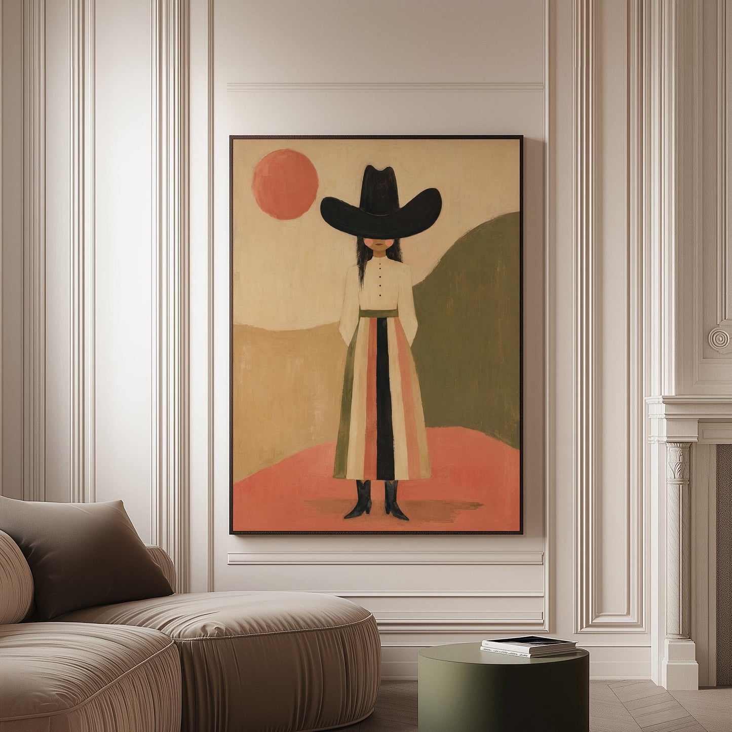 Figure in black cowboy hat standing between coral desert hills, canvas print on a softly lit wall in a calm interior