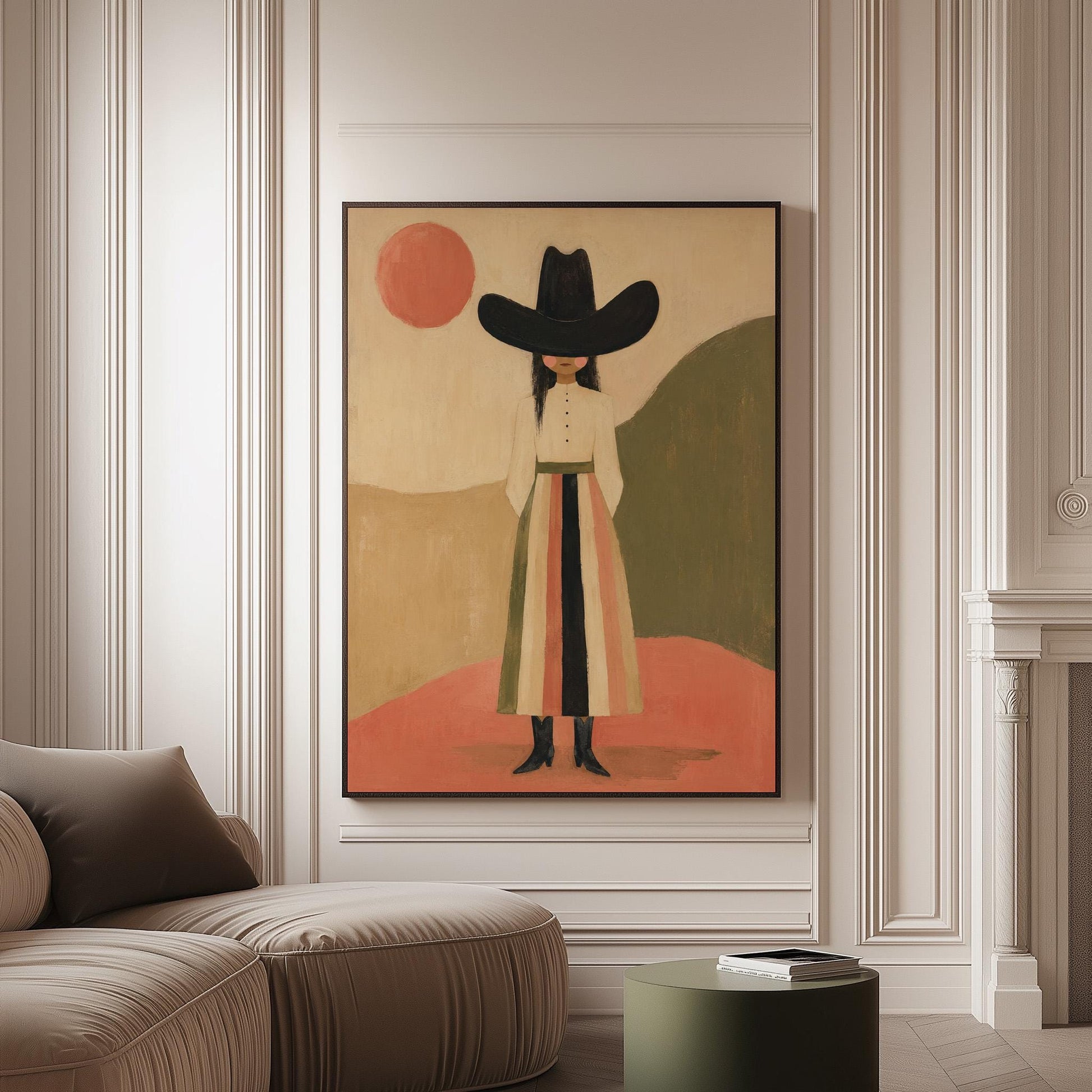 Figure in black cowboy hat standing between coral desert hills, canvas print on a softly lit wall in a calm interior