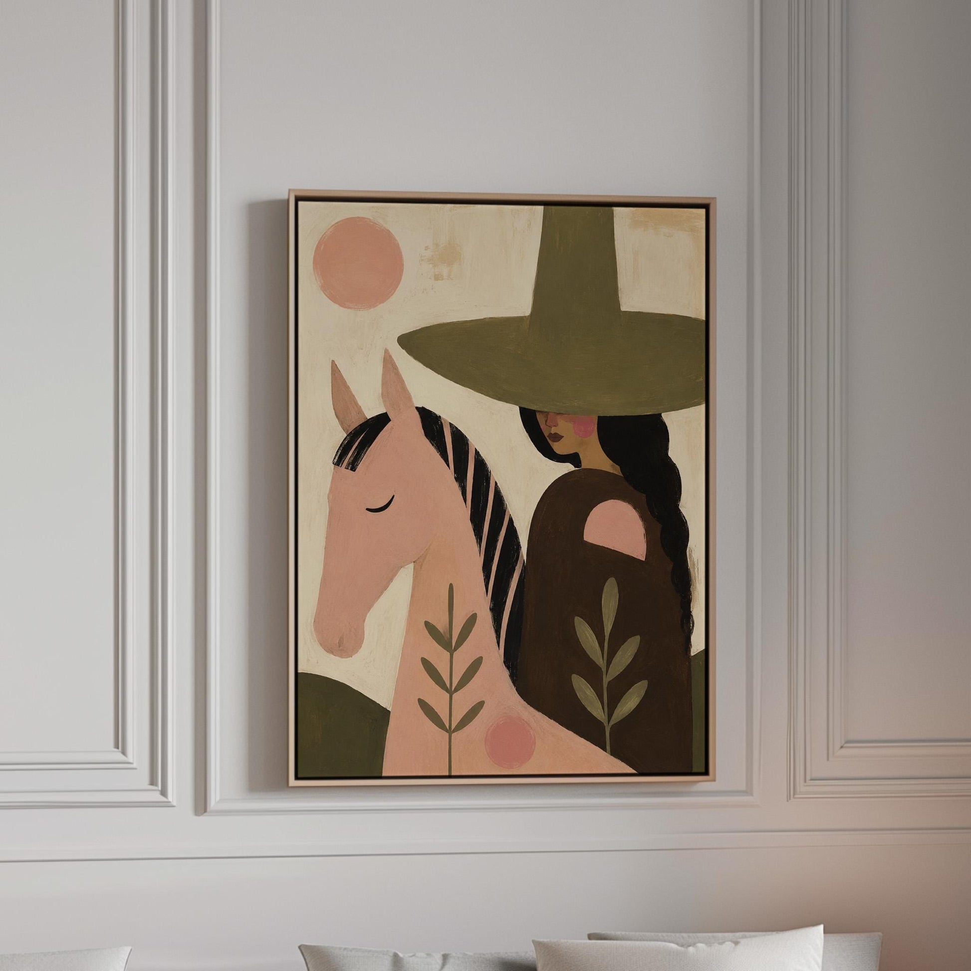 Pink horse beside a cowgirl in an olive hat with leaf motifs, canvas print in a bright room with natural daylight