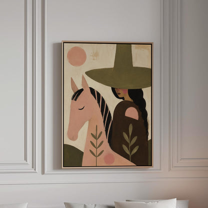 Pink horse beside a cowgirl in an olive hat with leaf motifs, canvas print in a bright room with natural daylight