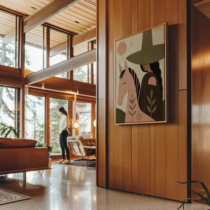 Pink horse beside a cowgirl in an olive hat with leaf motifs, canvas print hanging in a calm, modern living space