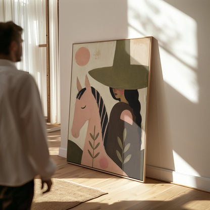 Pink horse beside a cowgirl in an olive hat with leaf motifs, canvas print styled against a soft white wall