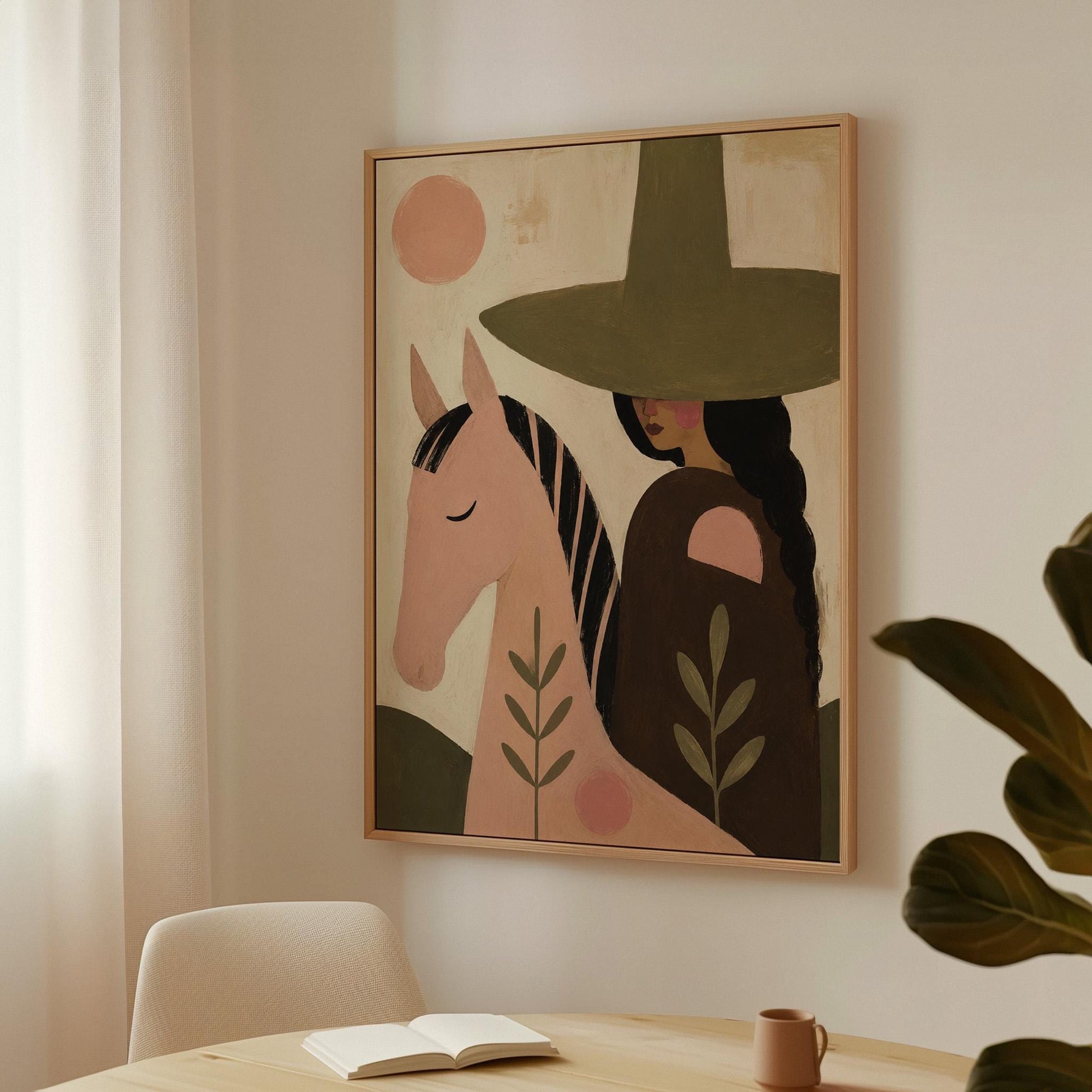 Pink horse beside a cowgirl in an olive hat with leaf motifs, canvas print seen in a warm interior with natural light