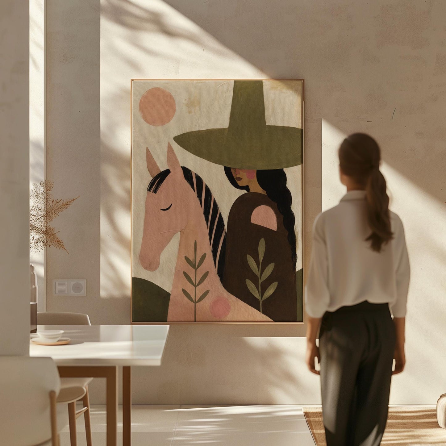 Pink horse beside a cowgirl in an olive hat with leaf motifs, canvas wall art hanging in a calm, modern living space