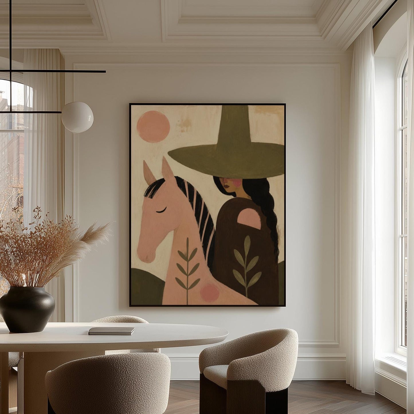 Pink horse beside a cowgirl in an olive hat with leaf motifs, canvas wall art styled against a soft white wall