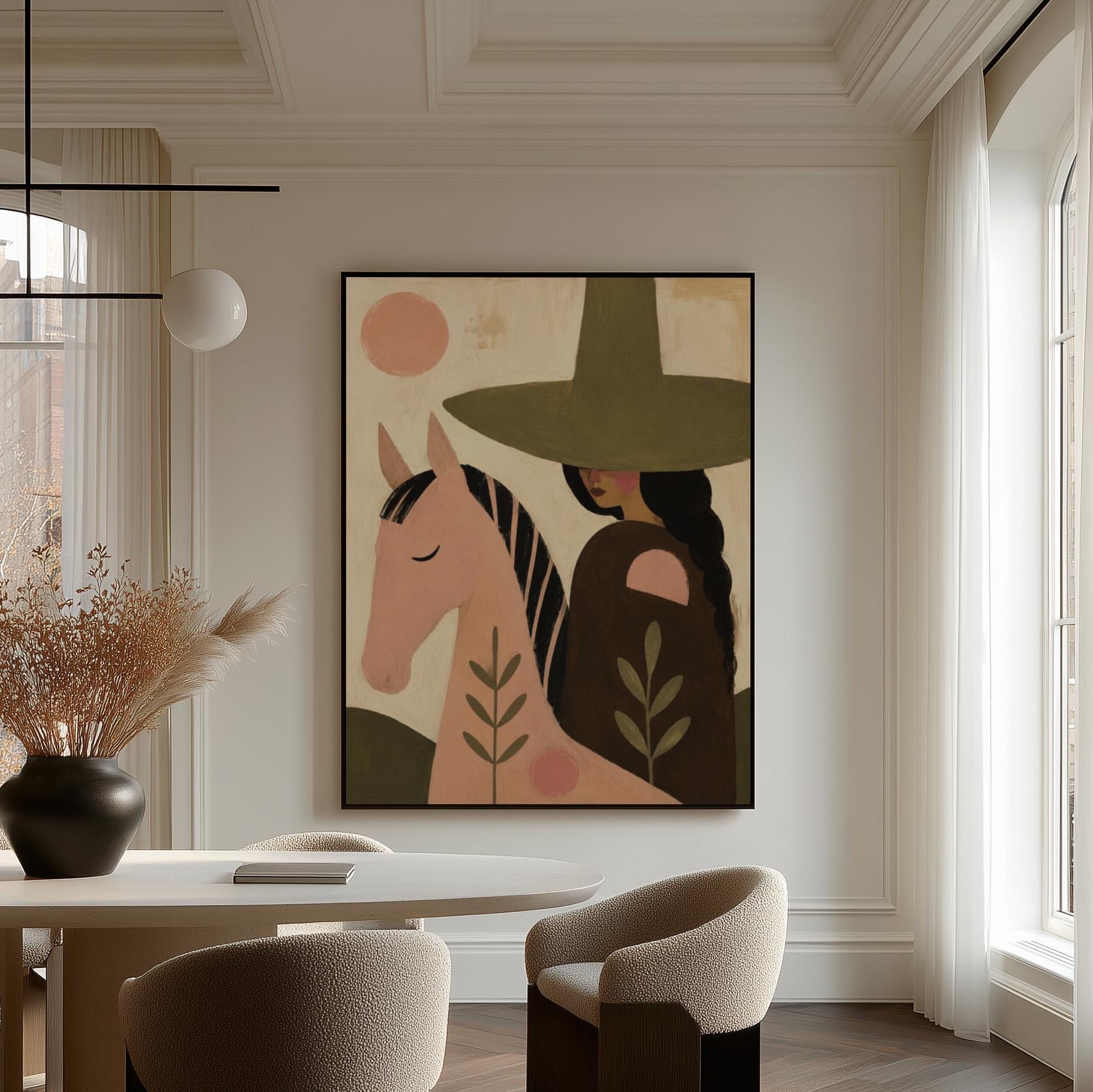 Pink horse beside a cowgirl in an olive hat with leaf motifs, canvas wall art styled against a soft white wall