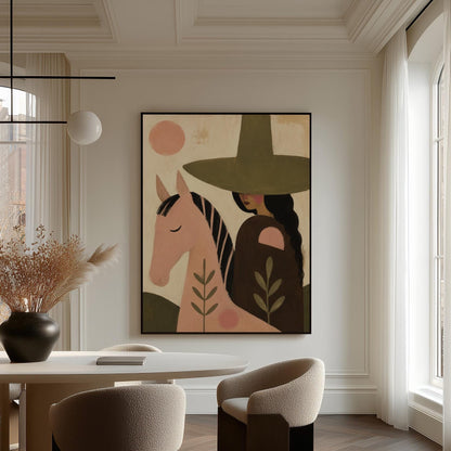Pink horse beside a cowgirl in an olive hat with leaf motifs, canvas wall art styled against a soft white wall
