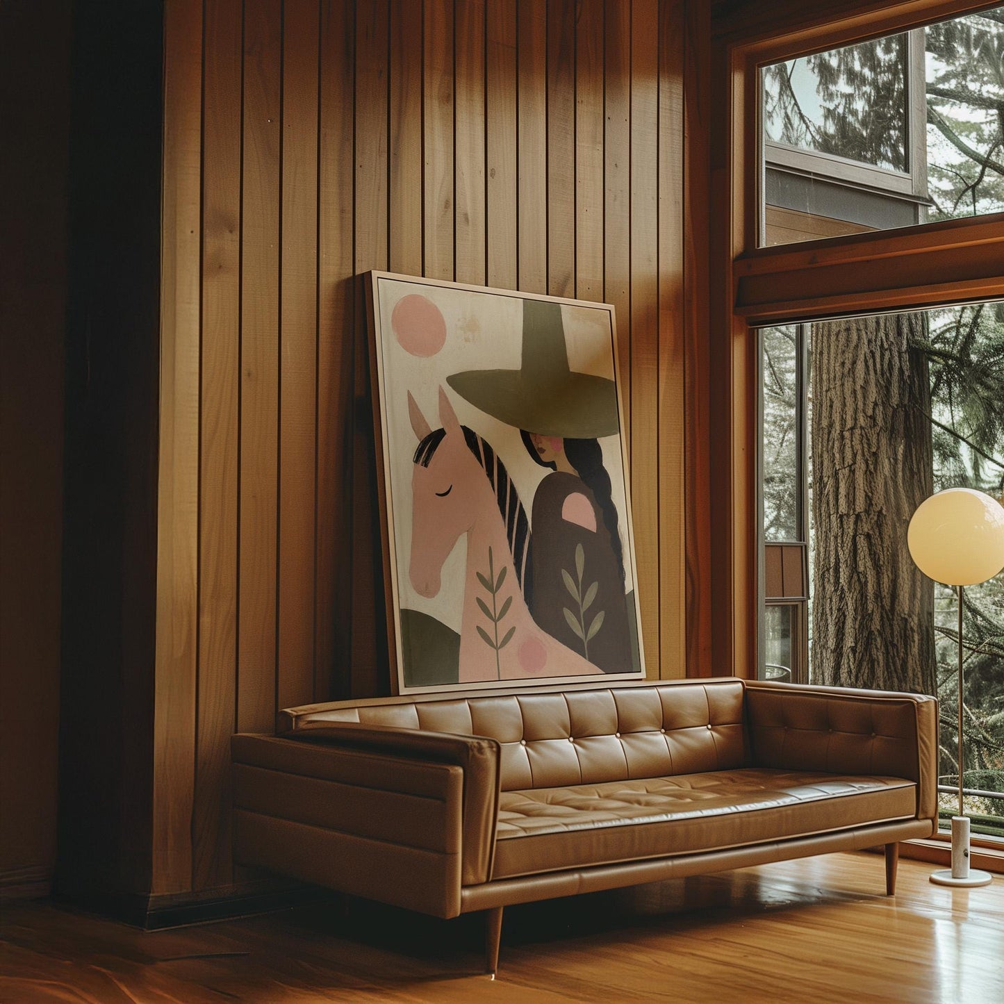Pink horse beside a cowgirl in an olive hat with leaf motifs, canvas wall art seen in a warm interior with natural light